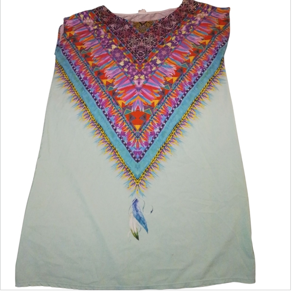 Sleeveless Mint Dress with Multicolor Tribal V-Neck Detail